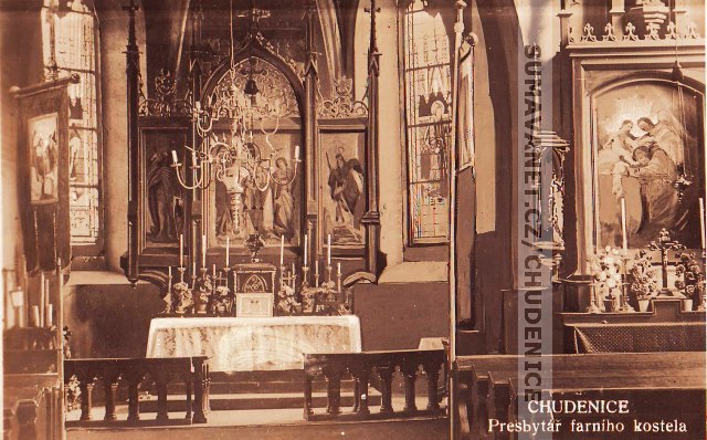 Presbytář farního kostela svatého Jana Křtitele v Chudenicích ve 30. létech 20. stol., vydán nákladem J. Tomana v Chudenicích
