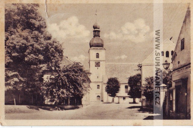 Kvapilova ulice, kostel sv. Jana Křtitele v Chudenicích 1954
